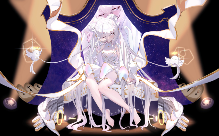 1girl absurdres azur_lane bird breasts chick clothing_cutout double_bun dress feet full_body hammock highres huge_filesize le_malin_(azur_lane) long_hair looking_at_viewer one_eye_closed pantyhose silver_hair skirt small_breasts symbol-shaped_pupils thigh-highs underboob_cutout very_long_hair white_dress white_legwear white_skirt xintianou