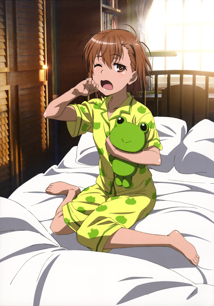 1girl absurdres barefoot bed brown_eyes brown_hair closed_eyes hat highres holding looking_at_viewer misaka_mikoto morning nightcap official_art one_eye_closed pajamas pillow short_hair sleepwear sleepy toaru_kagaku_no_railgun toaru_majutsu_no_index waking_up yawning