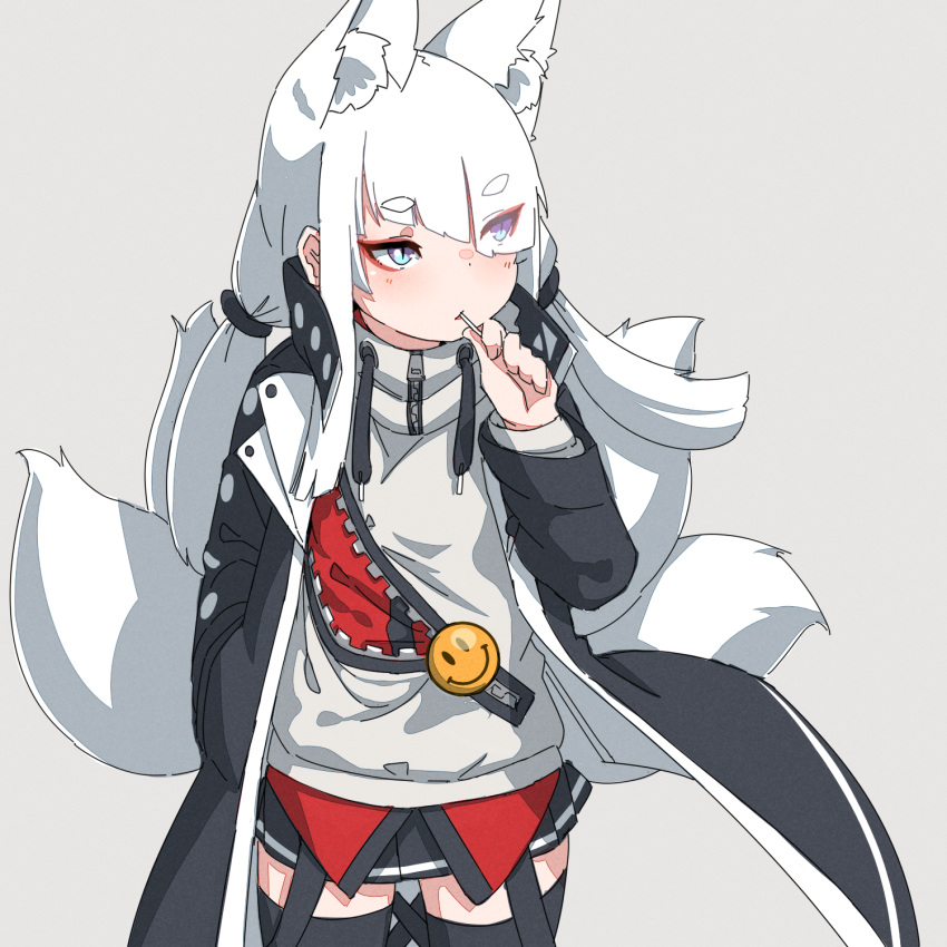 1girl animal_ear_fluff animal_ears badge bangs black_jacket black_legwear black_skirt blue_eyes blunt_bangs button_badge candy cowboy_shot drawstring extra_ears eyes_visible_through_hair facing_viewer food food_in_mouth fox_ears fox_girl fox_tail grey_background hair_over_one_eye hand_in_pocket hand_up highres holding holding_food hood hood_down hoodie jacket kitsune koyuki_(kuro_kosyou) kuro_kosyou lollipop long_hair long_sleeves looking_to_the_side multiple_tails open_clothes original pleated_skirt short_eyebrows simple_background skirt slit_pupils smiley_face solo standing tail thick_eyebrows thigh-highs twintails white_hair white_hoodie zettai_ryouiki zipper