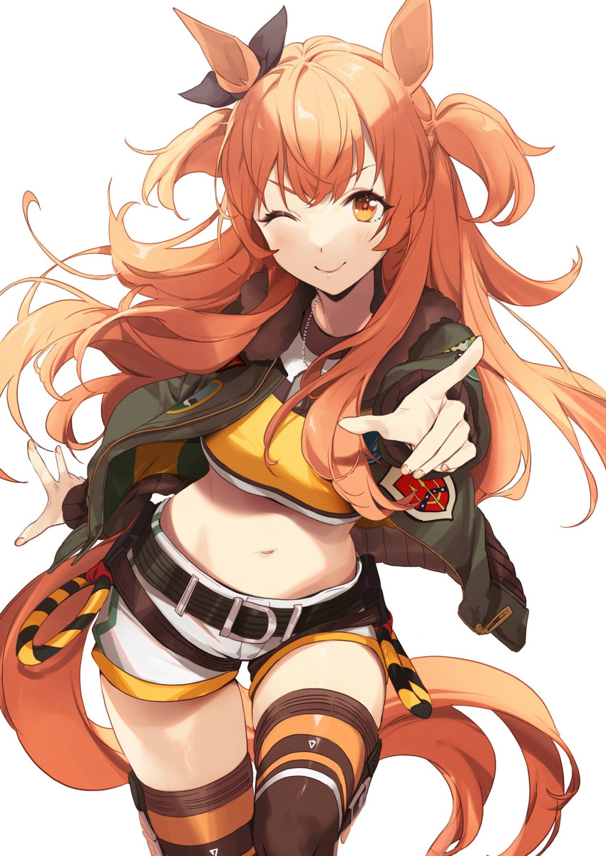 1girl ;) animal_ears belt black_belt black_ribbon brown_legwear dog_tags ear_ribbon highres horse_ears horse_girl horse_tail jacket long_hair looking_at_viewer mayano_top_gun_(umamusume) midriff navel no-kan one_eye_closed open_clothes open_jacket orange_eyes orange_hair ribbon shorts smile solo tail thigh-highs thighs twintails two_side_up umamusume white_shorts