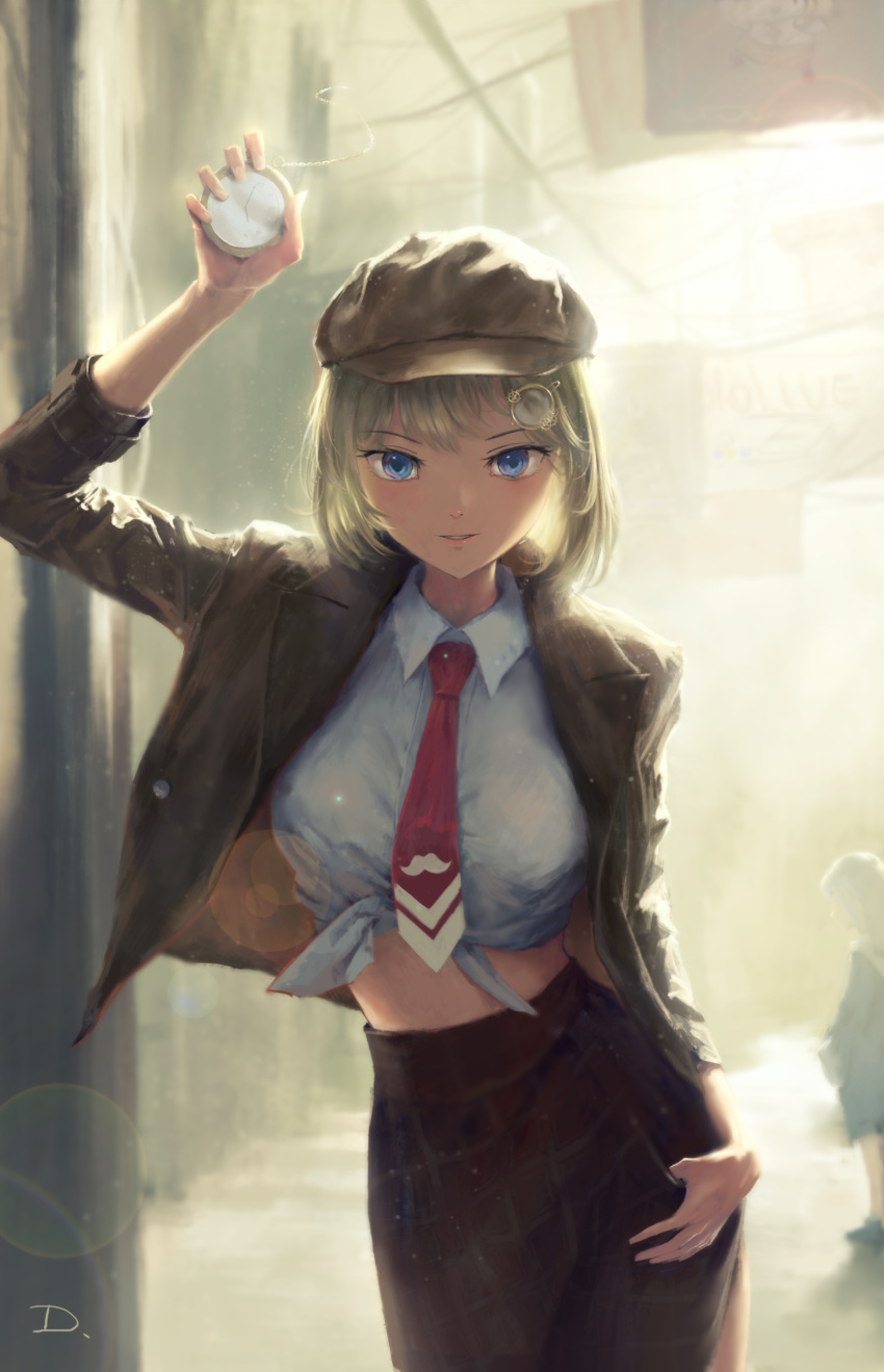 1girl absurdres blonde_hair blue_eyes breasts dino_(dinoartforame) eyebrows_visible_through_hair hair_ornament highres hololive hololive_english large_breasts monocle_hair_ornament virtual_youtuber watch watson_amelia