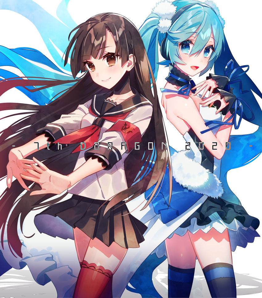 2girls 7th_dragon_(series) 7th_dragon_2020 :d absurdres aqua_eyes aqua_hair armband back-to-back bangs bare_shoulders black_choker black_legwear black_sailor_collar black_skirt blue_ribbon blunt_bangs breasts brown_eyes brown_hair choker closed_mouth collarbone commentary_request copyright_name cowboy_shot dress eyebrows_visible_through_hair hair_between_eyes hands_on_own_chest hatsune_miku hazuki_mizuho headphones highres interlocked_fingers katanako long_hair looking_at_viewer multiple_girls neckerchief open_mouth own_hands_together pom_pom_(clothes) red_legwear red_neckwear ribbon ribbon_choker romaji_text sailor_collar samurai_(7th_dragon_series) shadow short_sleeves sidelocks simple_background skindentation skirt sleeveless small_breasts smile standing strapless strapless_dress thigh-highs twintails very_long_hair vocaloid waist_cape white_background white_dress white_serafuku wrist_wrap zettai_ryouiki
