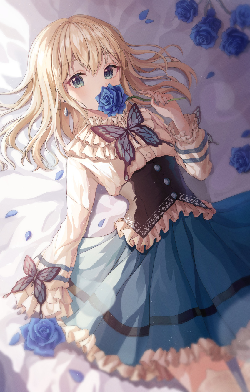 1girl absurdres aqua_eyes blonde_hair blue_butterfly blue_dress blue_flower blue_rose blush bug butterfly corset covering_mouth dress earrings eun_yu eyebrows_visible_through_hair flower flower_to_mouth frilled_shirt frilled_shirt_collar frilled_skirt frilled_sleeves frills hair_between_eyes highres holding holding_flower indoors insect jewelry long_hair long_sleeves looking_at_viewer lying on_back on_bed original petals rose rose_petals shirt skirt solo white_shirt