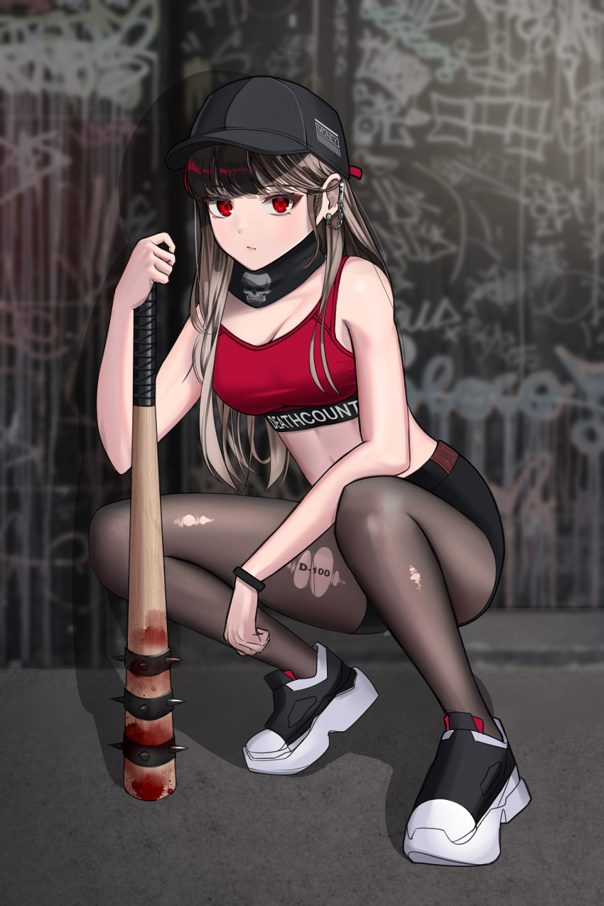 1girl absurdres bangs black_footwear black_headwear black_shorts blood blood_splatter blush brown_hair chain earrings full_body geomiddang hat highres huge_filesize jewelry long_hair looking_at_viewer original pantyhose red_eyes red_sports_bra shadow shoes shorts solo spiked_bat sports_bra squatting torn_clothes torn_legwear