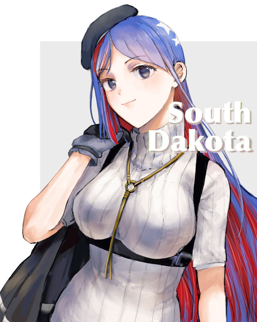 1girl bangs beret black_headwear blue_eyes blue_hair breasts character_name eyebrows_visible_through_hair gloves hat highres holding holding_clothes holding_jacket jacket kantai_collection large_breasts lips long_hair looking_at_viewer multicolored_hair nidou redhead ribbed_sweater short_sleeves simple_background solo south_dakota_(kancolle) star_(symbol) sweater turtleneck turtleneck_sweater two-tone_background white_hair white_sweater