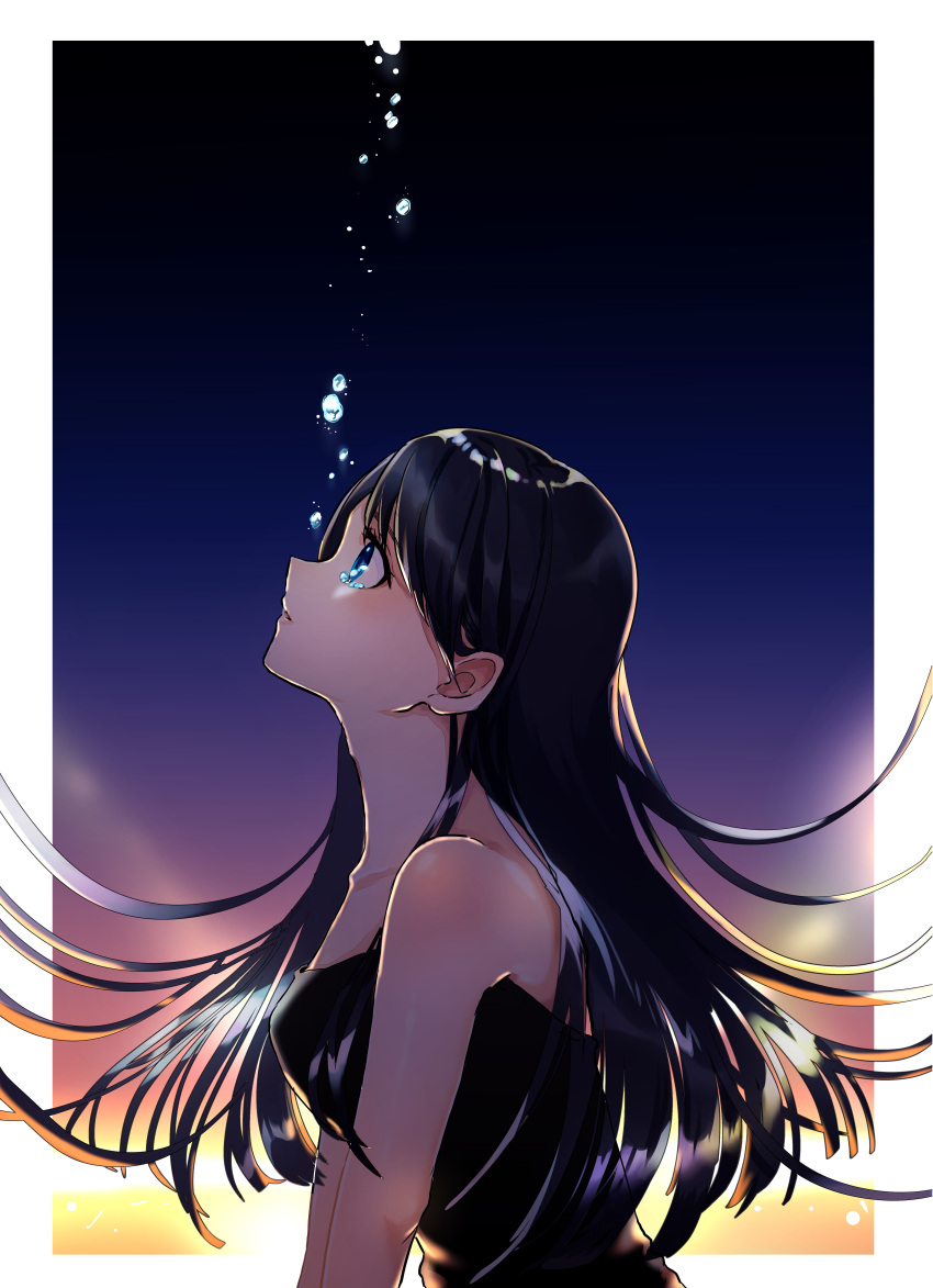 1girl absurdres black_dress black_hair blue_eyes collarbone crying dress ears from_side highres long_hair looking_up nanaponi original sleeveless sleeveless_dress solo sunset tears