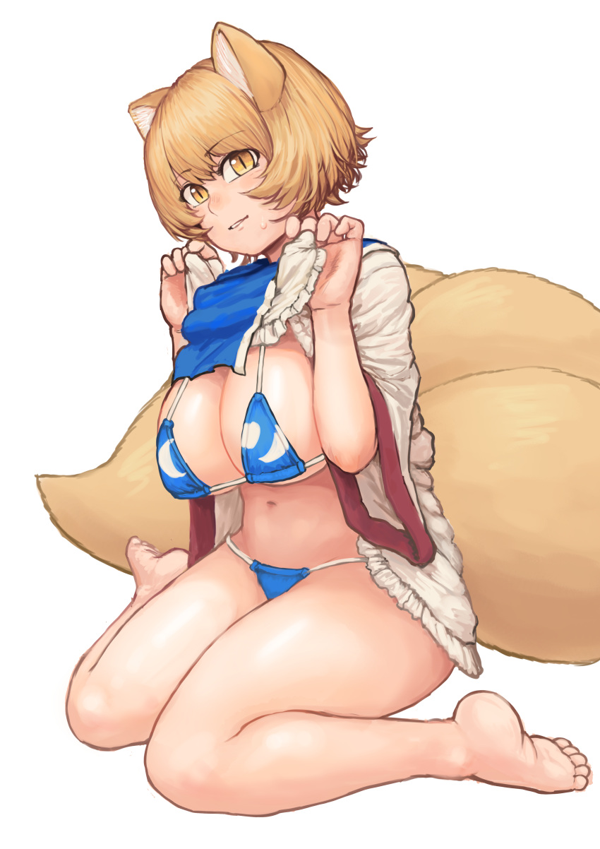 1girl absurdres animal_ears bare_legs bikini blonde_hair blue_bikini breasts chanta_(ayatakaoisii) dress dress_lift eyebrows_visible_through_hair fox_ears fox_tail from_side hands_up highres large_breasts looking_at_viewer looking_to_the_side micro_bikini multiple_tails navel short_hair simple_background sitting slit_pupils smile solo sweat swimsuit tabard tail touhou wariza white_background white_dress yakumo_ran yellow_eyes