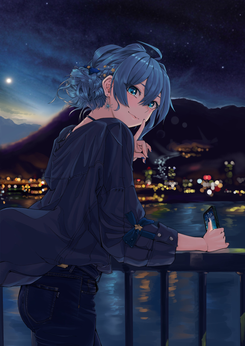 1girl absurdres blue_eyes blue_hair blue_shirt blurry braid cellphone commentary_request denim depth_of_field earrings eyebrows_visible_through_hair finger_to_mouth full_moon hair_ornament hair_ribbon highres hololive hoshimachi_suisei jeans jewelry long_sleeves moon nail_polish pants phone railing ribbon scenery shirt sky smartphone smile snarkhunt solo star_(sky) star_(symbol) star_in_eye starry_sky symbol_in_eye town virtual_youtuber