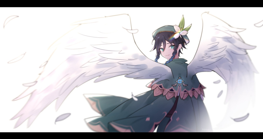 1boy androgynous bangs beret black_hair blue_hair blurry braid cape english_text eyebrows_visible_through_hair feathered_wings feathers from_behind genshin_impact gradient_hair green_eyes green_headwear hat highres himey looking_at_viewer looking_back male_focus multicolored_hair rainbow short_hair_with_long_locks simple_background smile solo twin_braids venti_(genshin_impact) white_background wings