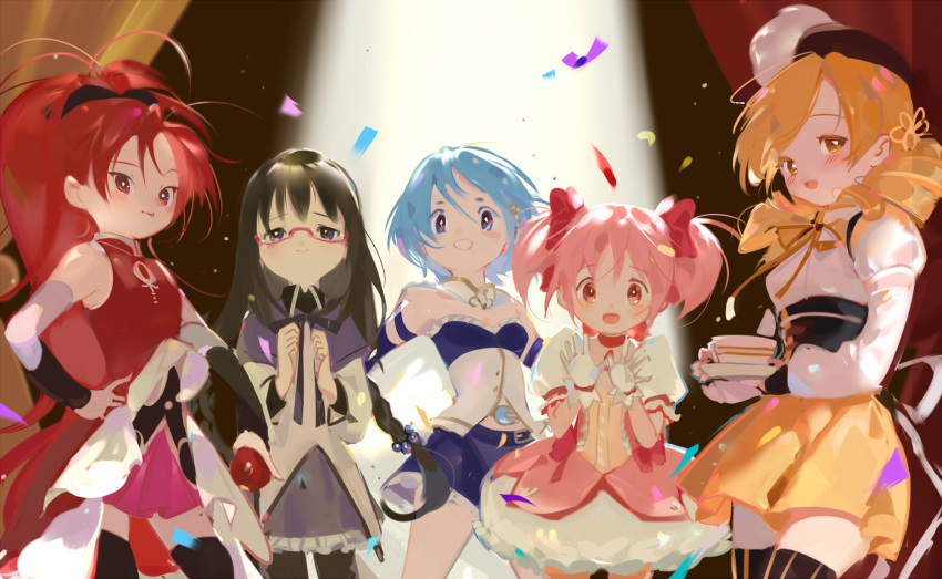 5girls akemi_homura apple back_bow backlighting belt black_gloves black_hair black_headwear black_legwear black_ribbon blonde_hair blue_belt blue_eyes blue_hair blue_skirt blush blush_stickers bow braid breasts bubble_skirt cape capelet choker clenched_hands closed_mouth clothing_cutout commentary confetti contrapposto cowboy_shot cup curtains detached_sleeves dot_nose drill_hair fang fingerless_gloves flat_chest food frills fruit glasses gloves grin hair_bobbles hair_ornament hair_ribbon hairpin hands_up happy hat high_ponytail highres holding holding_food holding_fruit jitome kaname_madoka leaning_forward light_particles lineup long_hair long_sleeves looking_at_viewer mahou_shoujo_madoka_magica miki_sayaka multiple_girls neck_ribbon parted_lips pink_eyes pink_hair pink_ribbon puffy_short_sleeves puffy_sleeves purple_capelet purple_skirt red-framed_eyewear red_choker red_eyes redhead ribbon sakura_kyouko saucer semi-rimless_eyewear she_li_(lynxm) shiny shiny_hair short_hair short_sleeves shy skirt sleeveless small_breasts smile soul_gem spotlight strapless striped striped_legwear symbol_commentary teacup thigh-highs tomoe_mami twin_braids twin_drills twintails under-rim_eyewear vertical-striped_legwear vertical_stripes white_cape white_gloves white_skirt wide-eyed yellow_eyes yellow_ribbon yellow_skirt zettai_ryouiki