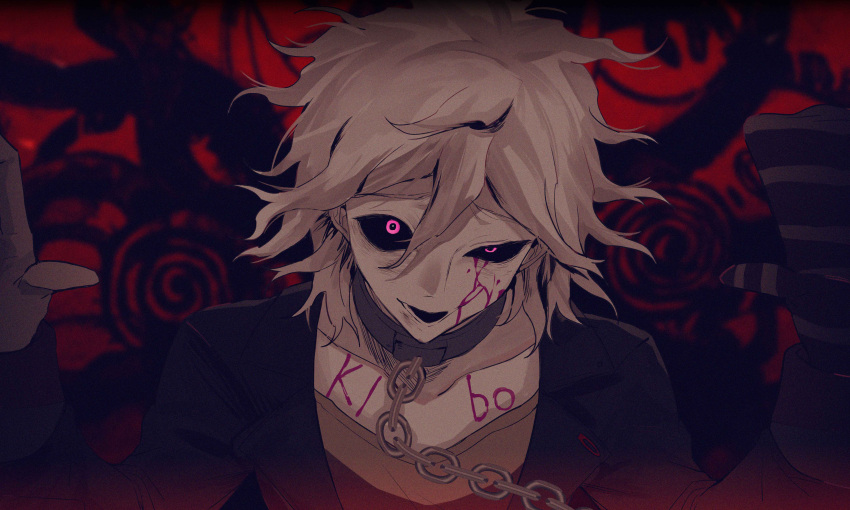 1boy absurdres alternate_eye_color bangs black_background black_jacket black_sclera blood blood_on_face bloody_tears chain chained collar collarbone colored_sclera commentary_request dangan_ronpa_(series) dangan_ronpa_another_episode:_ultra_despair_girls face gloves grey_hair hair_between_eyes hands_up highres jacket komaeda_nagito long_sleeves looking_at_viewer lower_teeth male_focus medium_hair metal_collar open_mouth pink_blood pink_eyes red_background shirt single_glove solo tuteurfars_shin