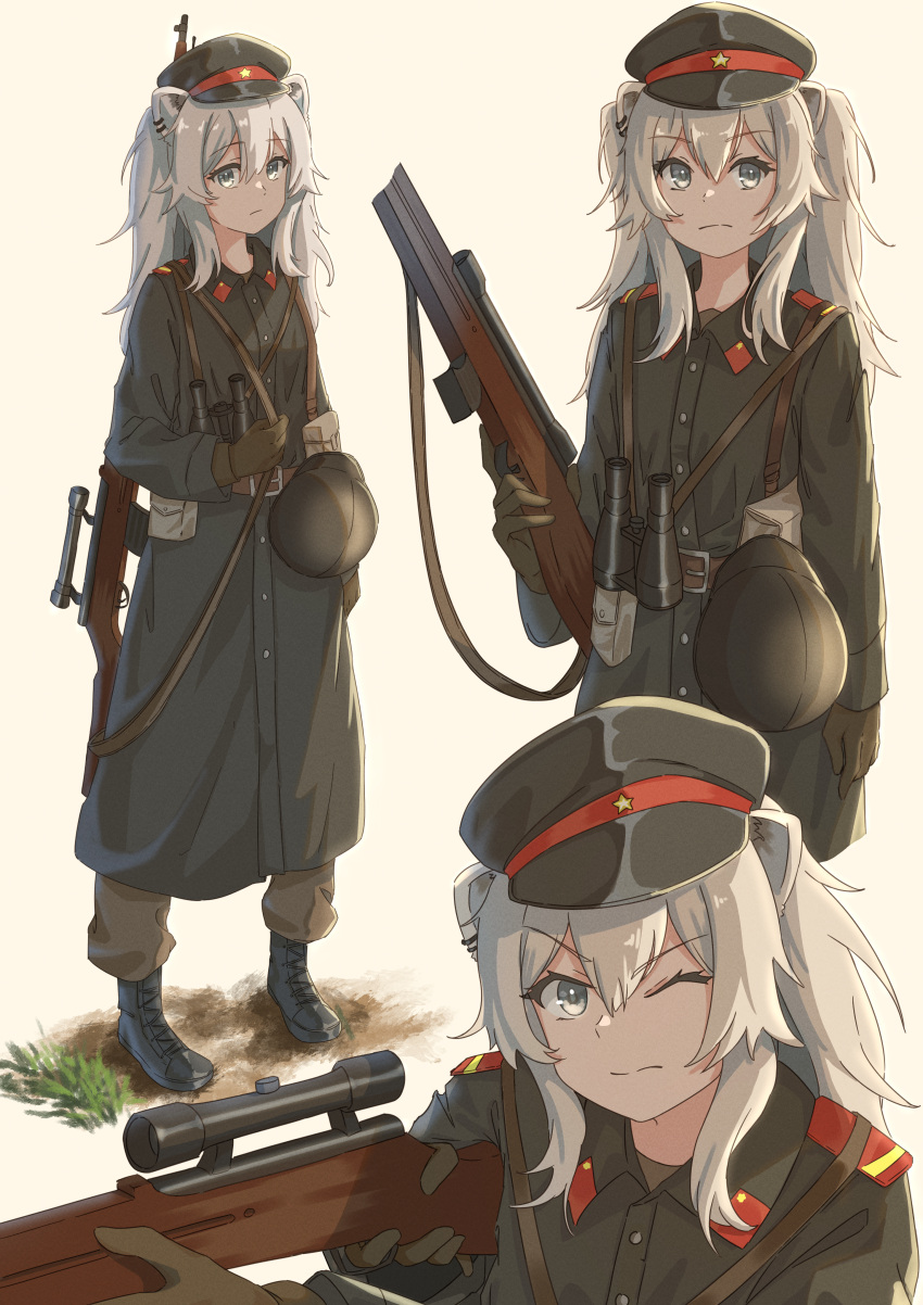 1girl absurdres aiming animal_ears binoculars boots earrings eyebrows_visible_through_hair hat helmet highres holding holding_weapon hololive huge_filesize jewelry jl_tan military military_hat military_uniform one_eye_closed shishiro_botan standing uniform virtual_youtuber weapon weapon_on_back weapon_request white_hair