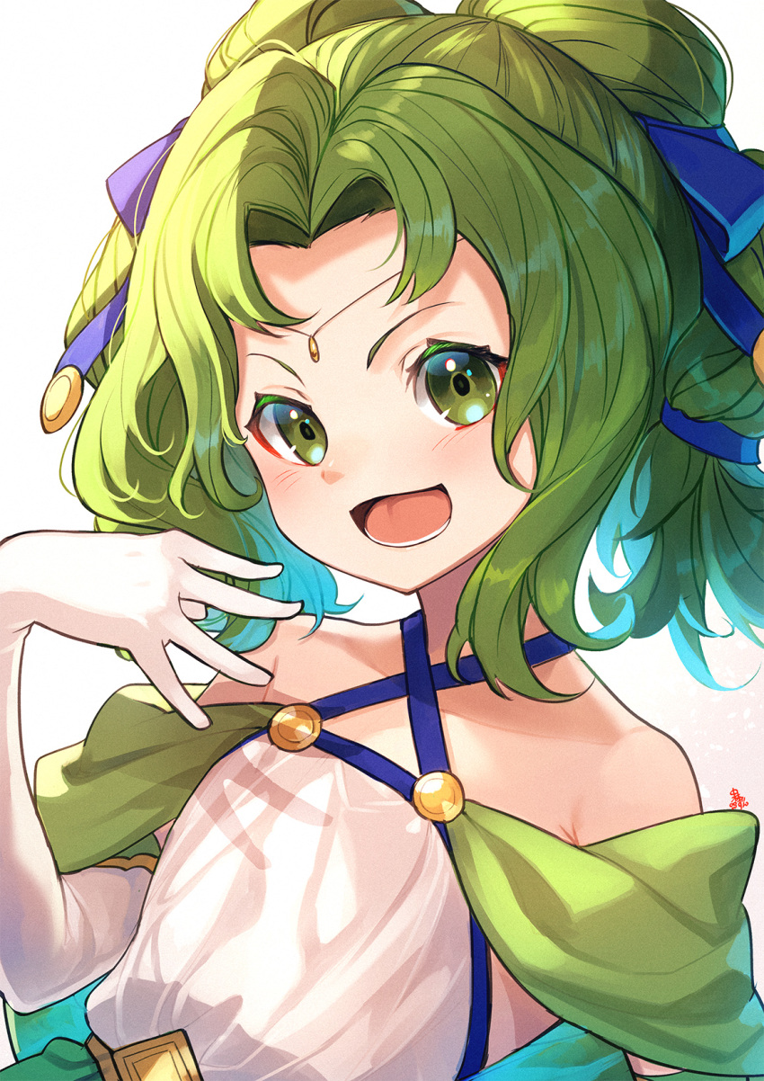 1girl age_regression arm_up armpit_crease bare_shoulders fire_emblem fire_emblem:_the_sacred_stones fire_emblem_heroes flat_chest gloves green_eyes green_hair hair_ribbon highres l'arachel_(fire_emblem) looking_at_viewer nakabayashi_zun open_mouth ribbon twintails upper_body white_background younger