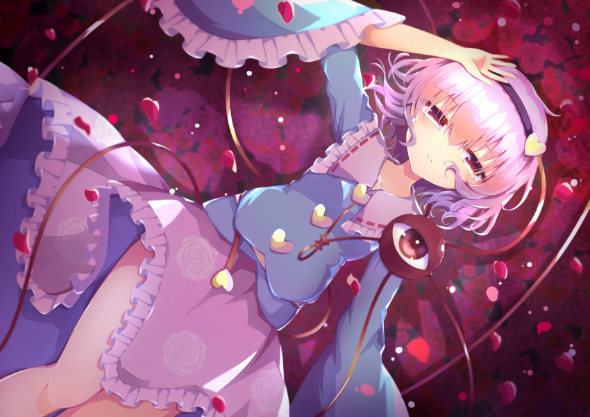 1girl bangs blouse blue_blouse cowboy_shot error floral_print flower frilled_shirt_collar frilled_skirt frilled_sleeves frills from_above gradient_eyes hair_between_eyes hairband hand_on_own_head heart heart_button heart_of_string highres komeiji_satori light light_particles long_sleeves looking_at_viewer lying multicolored multicolored_eyes on_back petals pink_eyes pink_hair pink_skirt red_eyes ribbon-trimmed_collar ribbon_trim rose rose_petals rose_print shiny shiny_hair skirt solo thighs third_eye tomoe_(fdhs5855) touhou wavy_hair wide_sleeves