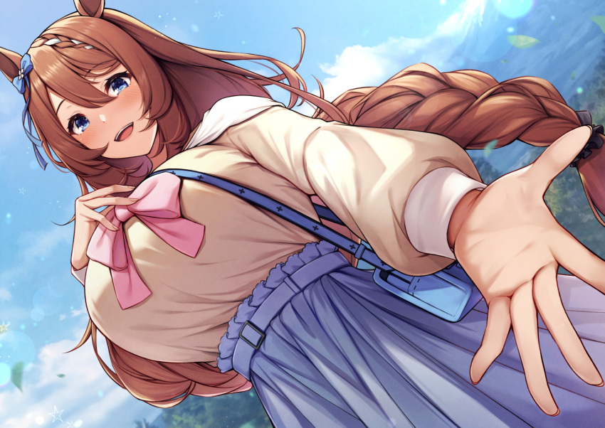 1girl animal_ears bag blue_eyes blue_ribbon blue_skirt blue_sky braid braided_ponytail breasts brown_hair clouds commentary_request day eyebrows_visible_through_hair hair_between_eyes hair_ribbon highres horse_ears horse_girl huge_breasts long_hair long_sleeves looking_at_viewer open_mouth paintcan pink_neckwear pink_ribbon ribbon shirt skirt sky smile solo super_creek_(umamusume) teeth umamusume upper_teeth