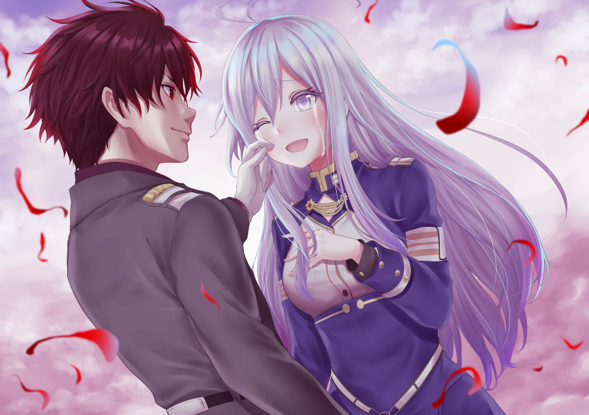 1boy 1girl 86_-eightysix- ;d absurdres brown_hair clouds crying crying_with_eyes_open eye_contact gloves grey_eyes hand_up highres long_sleeves looking_at_another military military_uniform one_eye_closed open_mouth petals red_eyes red_hayao shinei_nouzen smile standing tears uniform vladilena_millize white_gloves