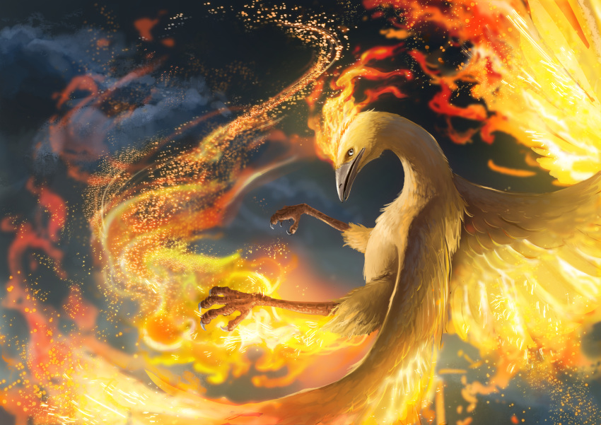 absurdres bird commentary_request fire gen_1_pokemon highres huge_filesize legendary_pokemon moltres no_humans pokemon pokemon_(creature) sideways_glance smoke solo talons teru_sakura