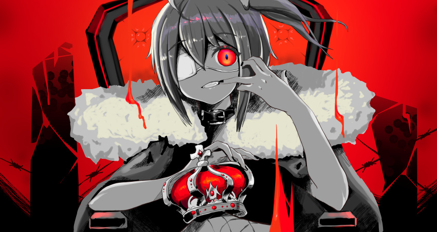 1girl absurdres ahoge bangs black_nails chair chuunibyou_demo_koi_ga_shitai! commentary_request crown crown_removed eyebrows_visible_through_hair eyepatch fang fur_trim grin hand_up highres looking_at_viewer nail_polish one_side_up red_background red_eyes royal_robe shikkoku_no_hono_mikado short_hair sitting smile solo spot_color takanashi_rikka