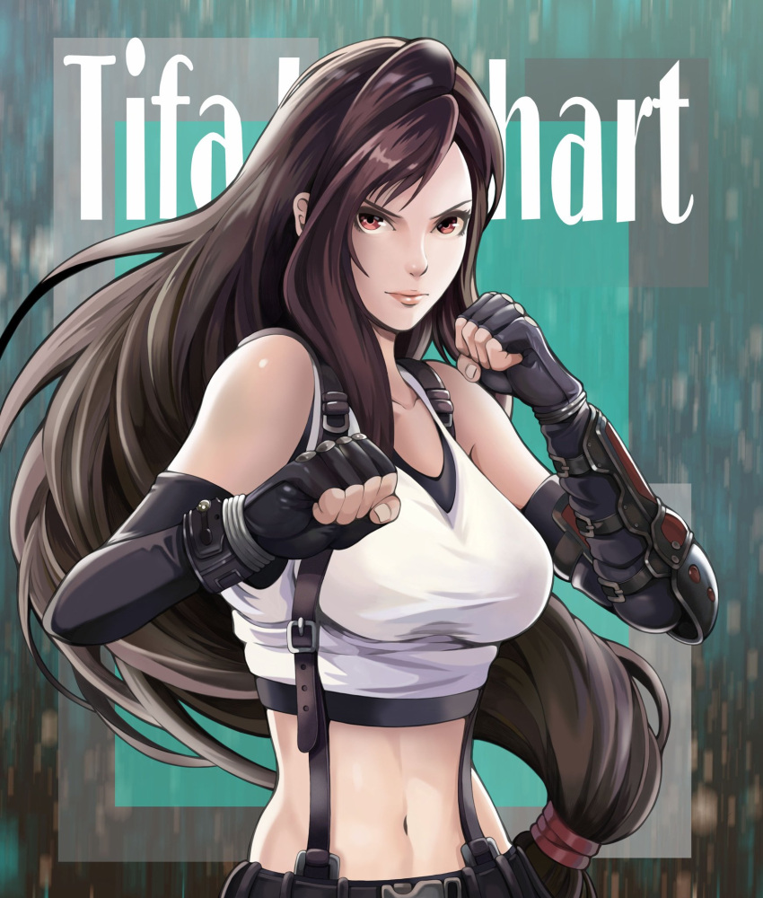 1girl bangs belt belt_buckle black_gloves breasts buckle character_name clenched_hands collarbone commentary_request crop_top elbow_gloves elbow_pads english_text fighting_stance final_fantasy final_fantasy_vii fingerless_gloves fingernails gloves highres large_breasts long_hair low-tied_long_hair materia midriff navel red_eyes serious solo suspenders swept_bangs tank_top tifa_lockhart to-ru upper_body white_tank_top