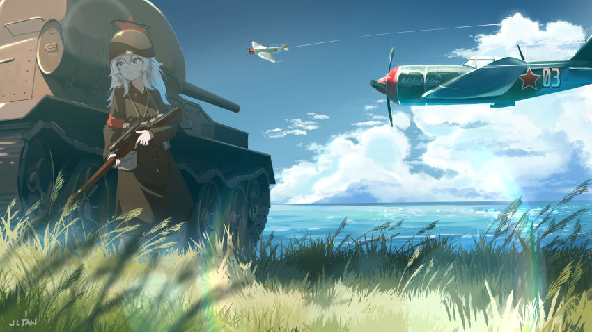 1girl absurdres aircraft airplane clouds english_commentary english_text eyebrows_visible_through_hair ground_vehicle helmet highres holding holding_weapon hololive jl_tan military military_uniform military_vehicle motor_vehicle shishiro_botan tank uniform vehicle_request virtual_youtuber water weapon weapon_request