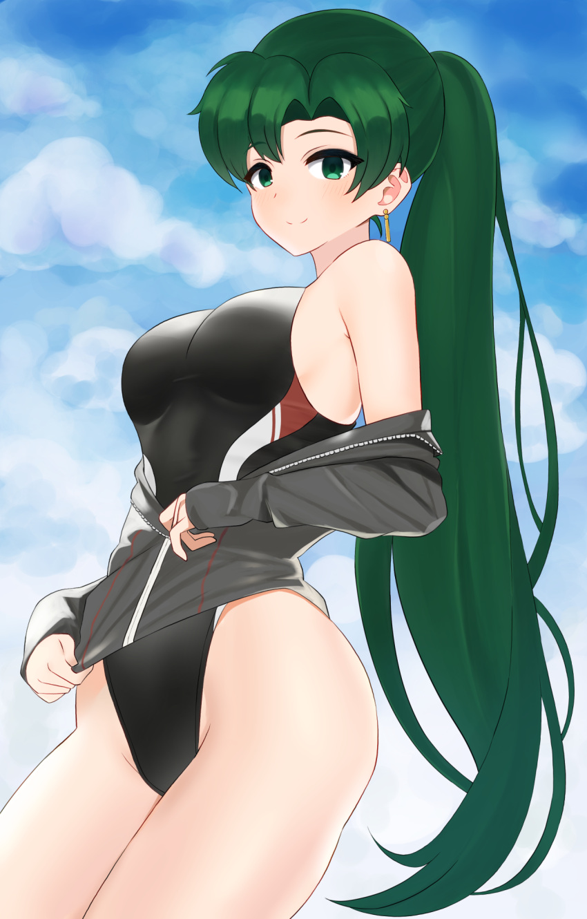 1girl black_jacket black_swimsuit blue_sky clouds competition_swimsuit cowboy_shot fire_emblem fire_emblem:_the_blazing_blade green_eyes green_hair highleg highleg_swimsuit highres jacket kocha_(jgug7553) long_hair looking_at_viewer lyn_(fire_emblem) one-piece_swimsuit ponytail sky solo swimsuit