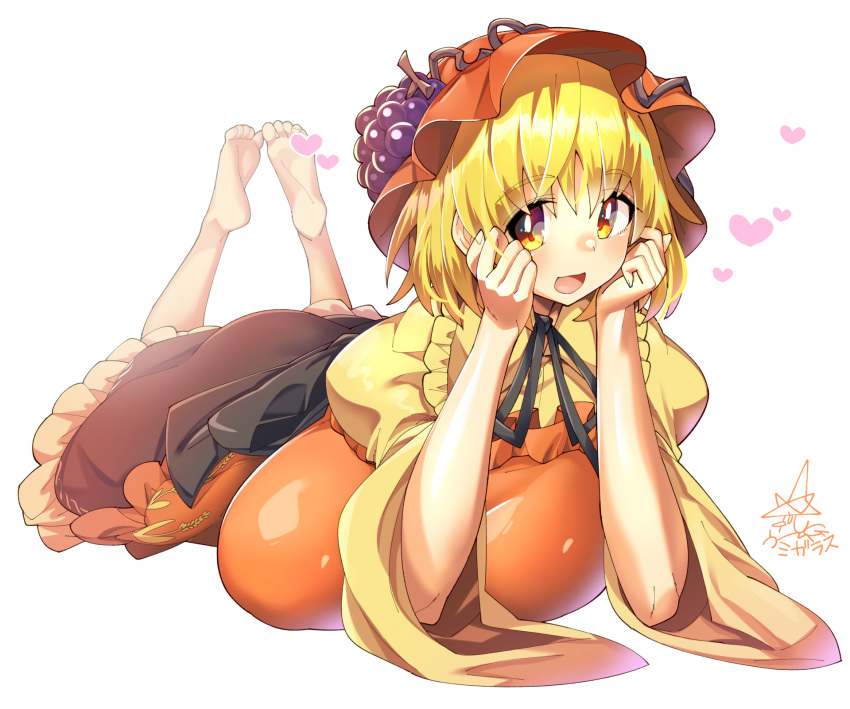 1girl :d aki_minoriko apron bangs barefoot black_skirt blonde_hair breasts eyebrows_visible_through_hair food fruit full_body grapes hands_on_own_face heart highres juliet_sleeves large_breasts legs_up long_sleeves looking_at_viewer lying on_stomach open_mouth orange_apron orange_headwear puffy_sleeves shirt short_hair signature simple_background skirt smile solo symbol_commentary touhou umigarasu_(kitsune1963) white_background yellow_eyes yellow_shirt