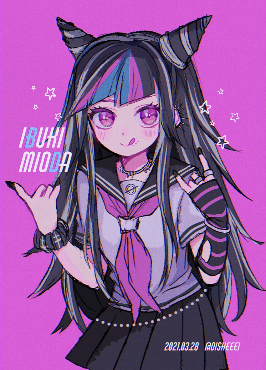 1girl :p bandages bangs black_hair black_nails black_skirt blue_hair blush character_name commentary_request dangan_ronpa_(series) dangan_ronpa_2:_goodbye_despair dated ear_piercing gloves hair_horns highres jewelry lip_piercing long_hair looking_at_viewer mameeekueya mioda_ibuki multicolored_hair necklace open_mouth piercing pink_background pink_eyes pink_hair puffy_short_sleeves puffy_sleeves ring sailor_collar school_uniform serafuku shirt short_sleeves single_glove skirt smile solo stitches tongue tongue_out white_hair