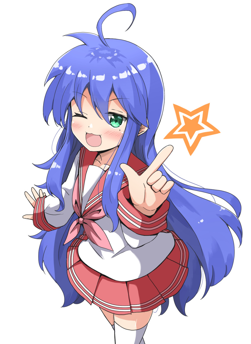 1girl :3 ;d ahoge aikawa_ryou bangs blue_hair blush collarbone commentary_request green_eyes hair_between_eyes highres index_finger_raised izumi_konata long_hair long_sleeves looking_at_viewer lucky_star mole mole_under_eye neckerchief one_eye_closed open_mouth pink_neckwear pleated_skirt ryouou_school_uniform sailor_collar school_uniform serafuku shirt simple_background skirt sleeves_past_wrists smile solo thigh-highs very_long_hair white_background white_legwear white_shirt zettai_ryouiki