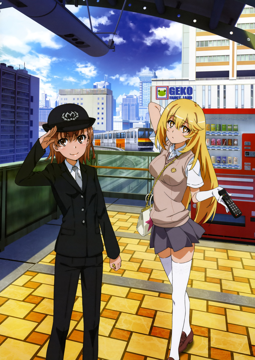 2girls absurdres alternate_costume breasts brown_hair controller day gloves ground_vehicle highres jacket long_sleeves looking_at_viewer medium_breasts misaka_mikoto multiple_girls official_art outdoors pleated_skirt police police_uniform railroad_tracks remote_control salute school_uniform shokuhou_misaki short_hair skirt smile sweater thigh-highs toaru_kagaku_no_railgun toaru_majutsu_no_index train uniform vending_machine white_gloves white_jacket white_legwear zettai_ryouiki