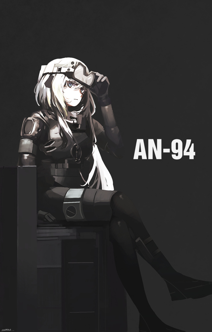 1girl adjusting_goggles an-94_(girls_frontline) blonde_hair blue_eyes character_name commentary crossed_legs diving_mask diving_mask_on_head diving_suit expressionless girls_frontline gloves goggles goggles_on_head highres kanoe_(kanoe502) long_hair official_alternate_costume sitting solo
