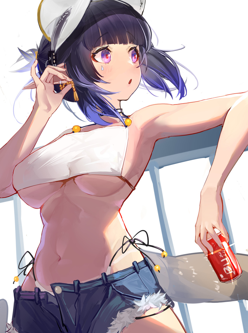 1girl :o absurdres adjusting_earrings arknights bangs bare_shoulders bikini bikini_under_clothes black_hair blue_hair blunt_bangs blush breasts breasts_apart bugegehaibugouse can choker cowboy_shot cutoffs denim denim_shorts earrings eunectes_(arknights) eyebrows_visible_through_hair fingernails from_below gold highleg highres holding jewelry large_breasts leaning_back leaning_on_rail looking_away looking_to_the_side midriff multicolored_hair navel open_fly open_mouth pointy_ears ponytail railing short_shorts shorts side-tie_bikini sideboob simple_background soda_can swimsuit tail tan tanline teardrop_facial_mark two-tone_hair underwear underwear_only violet_eyes visor white_background