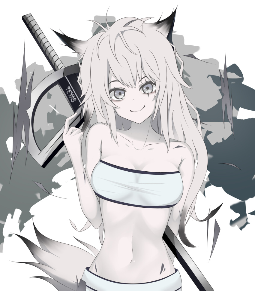 1girl absurdres animal_ears arknights bandeau bangs bare_arms bare_shoulders breasts commentary grey_eyes highres lappland_(arknights) long_hair looking_at_viewer midriff nano_(nanofarla) navel oripathy_lesion_(arknights) scar scar_across_eye silver_hair small_breasts smile solo stomach strapless sword tail tubetop upper_body weapon white_background wolf_ears wolf_tail