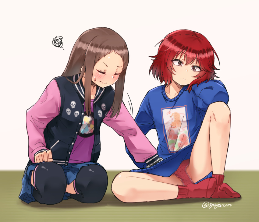 2girls accidental_exposure black_legwear blush brown_eyes brown_hair closed_eyes covering_another's_crotch gojarun highres idolmaster idolmaster_cinderella_girls jacket koseki_reina leg_up letterman_jacket long_hair medium_hair multiple_girls murakami_tomoe no_pants panties pantyshot redhead seiza sitting squiggle sweatdrop thigh-highs underwear