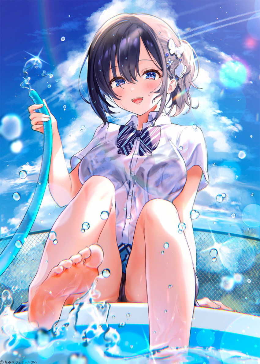 1girl :d absurdres bangs bare_legs black_hair black_panties blue_bra blue_eyes blue_skirt blue_sky bra butterfly_hair_ornament clouds collared_shirt day feet hair_between_eyes hair_ornament highres holding holding_hose hose lens_flare looking_at_viewer nekoyashiki_pushio non-web_source open_mouth original outdoors panties ponytail pool poolside school_uniform see-through shirt short_hair sidelocks signature sitting skirt sky smile soles solo splashing striped striped_neckwear sunlight thighs toes underwear uniform upper_teeth water water_drop wet wet_clothes wet_shirt white_shirt