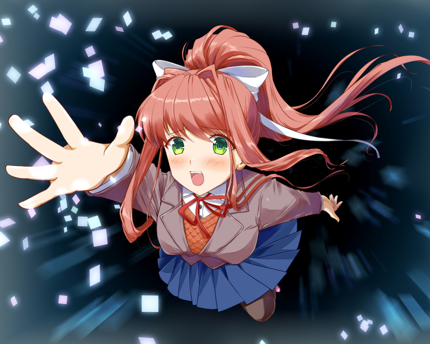 1girl blazer blue_skirt blush brown_hair doki_doki_literature_club floating floating_hair flying green_eyes hosobozo_(user_jtzh8832) jacket monika_(doki_doki_literature_club) ponytail reaching reaching_out ribbon school_uniform skirt space uniform white_ribbon