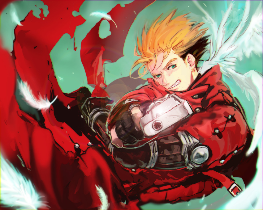 1boy 830_(hamio) aiming_at_viewer black_gloves blonde_hair clenched_teeth coat commentary_request feathers gloves green_eyes gun handgun highres holding holding_gun holding_weapon long_coat looking_at_viewer male_focus partially_fingerless_gloves red_coat revolver short_hair solo spiky_hair teeth trigun vash_the_stampede weapon wings