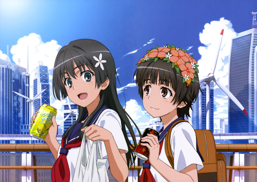 2girls absurdres black_hair blue_sailor_collar blue_skirt brown_eyes flower green_eyes hair_flower hair_ornament head_wreath highres long_hair multiple_girls official_art pleated_skirt sailor_collar sakugawa_school_uniform saten_ruiko school_uniform serafuku shirt short_hair short_sleeves skirt sky toaru_kagaku_no_railgun toaru_majutsu_no_index uiharu_kazari upper_body white_shirt wind_turbine