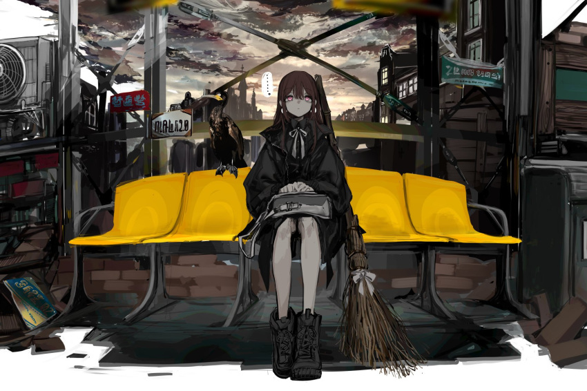 ... 1girl air_conditioner animal_request bag bag_on_lap bench black_coat black_shirt boots broom brown_hair clouds cloudy_sky coat collared_shirt commentary_request dress_shirt expressionless full_body highres long_hair narue neck_ribbon original outdoors ribbon shirt shoulder_bag sitting sky skyline solo train_station_platform violet_eyes white_neckwear white_ribbon