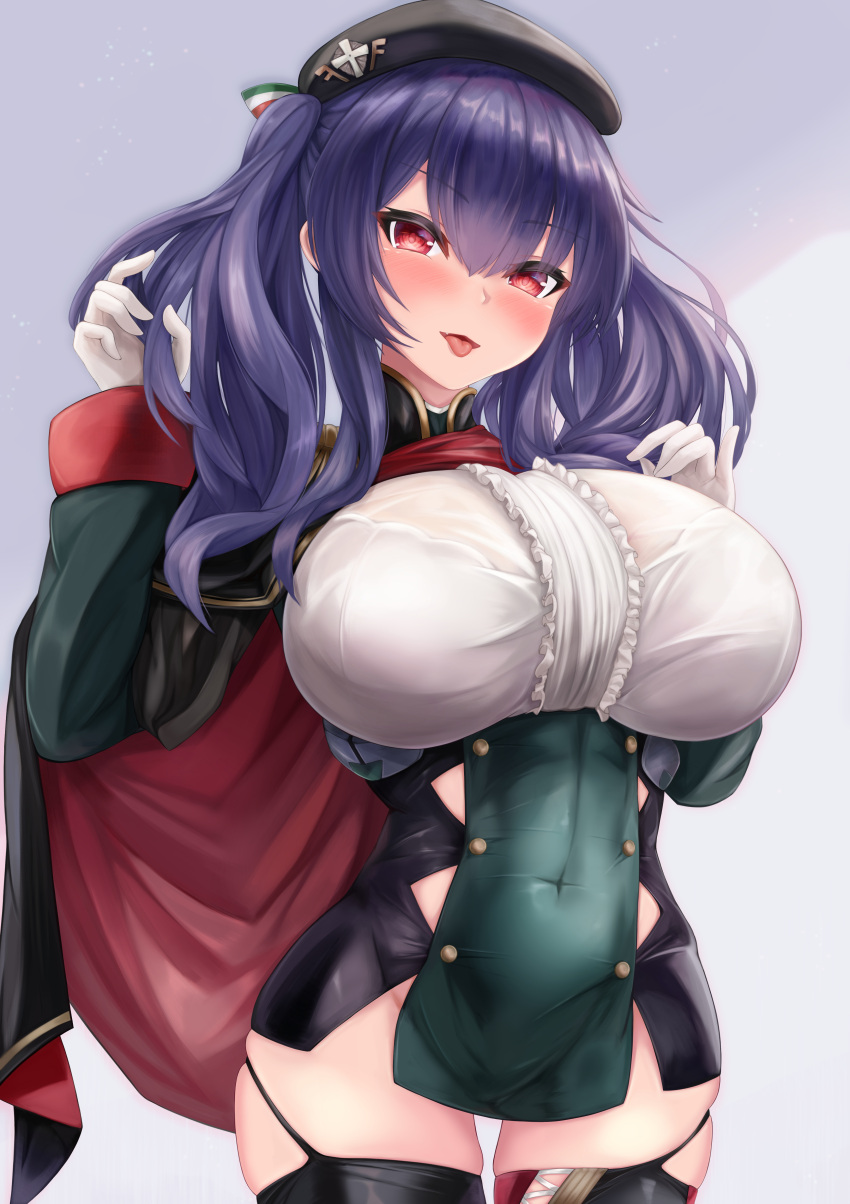1girl absurdres azur_lane beret black_headwear black_legwear blush bra_through_clothes breasts cape covered_navel cowboy_shot dress gloves hat highres large_breasts long_hair long_sleeves looking_at_viewer pola_(azur_lane) purple_background purple_hair red_eyes ryara smile solo thigh-highs tongue tongue_out twintails white_gloves