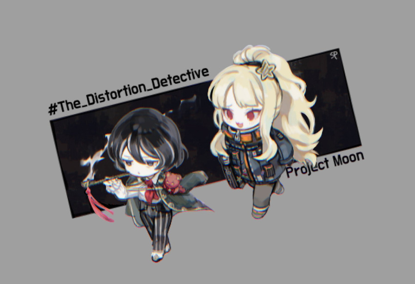black_eyes black_hair blonde_hair chibi chromatic_aberration closed_mouth coat coat_on_shoulders collared_shirt ezra_(the_distortion_detective) frilled_sleeves frills full_body hair_ornament highres jacket long_hair long_sleeves moses_(the_distortion_detective) open_mouth pants pink_stuffed_animal ponytail red_eyes shirt simple_background spicy_punch star_(symbol) star_hair_ornament striped striped_legwear stuffed_animal stuffed_toy teddy_bear the_distortion_detective vertical-striped_legwear vertical_stripes white_shirt yuria_(the_distortion_detective) zipper