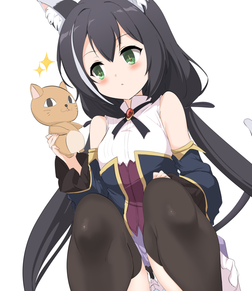 +_+ 1girl animal_ear_fluff animal_ears bangs bare_shoulders black_hair black_legwear black_sleeves blue_panties blush breasts cat_ears cat_girl cat_tail commentary_request detached_sleeves eyebrows_visible_through_hair feet_out_of_frame frilled_skirt frills green_eyes hair_between_eyes highres holding holding_stuffed_toy karyl_(princess_connect!) knees_up long_hair long_sleeves low_twintails medium_breasts momio multicolored_hair panties parted_lips princess_connect! princess_connect!_re:dive purple_skirt shirt simple_background skirt sleeveless sleeveless_shirt solo sparkle squatting streaked_hair stuffed_animal stuffed_cat stuffed_toy tail tail_raised thigh-highs twintails underwear very_long_hair white_background white_hair white_shirt