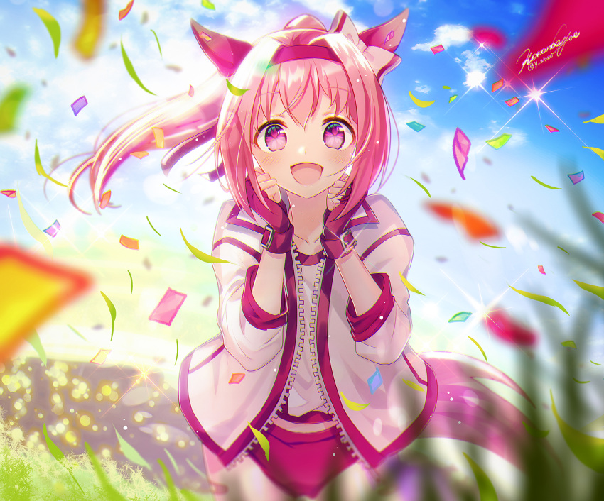 1girl animal_ears bandaid bandaid_on_leg bow buruma clenched_hands clouds confetti eyebrows_visible_through_hair fingerless_gloves gloves grass hair_bow hair_intakes hand_on_own_chin haru_urara_(umamusume) headband horse_ears horse_girl horse_tail jacket long_hair open_mouth outdoors pink_eyes pink_hair ponytail red_buruma red_gloves ribbon shirt sky smile solo symbol-shaped_pupils tail track_jacket umamusume wako_(level5) white_jacket white_shirt wind