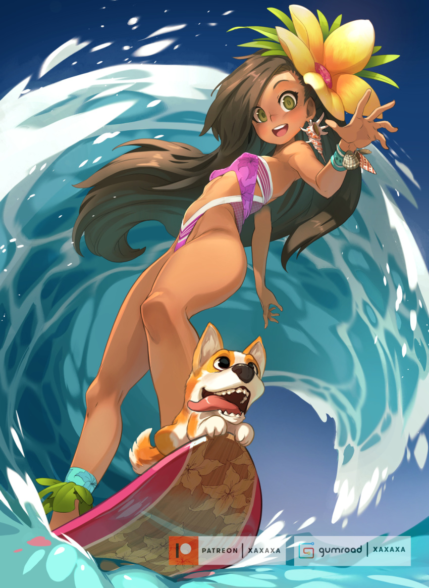 bare_shoulders bikini bracelet brown_hair dark_skin dog flower hair_flower hair_ornament highleg highleg_bikini highres jewelry long_hair looking_at_viewer navel open_mouth original smile surfboard surfing swimsuit tongue tongue_out waves xavier_houssin