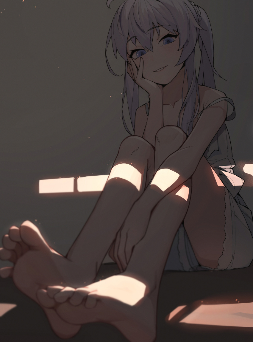 1girl absurdres ahoge arm_support bare_legs barefoot blurry blurry_foreground braid dark depth_of_field elaina_(majo_no_tabitabi) hand_up highres lan_mao_akko light_particles looking_at_viewer majo_no_tabitabi parted_lips purple_hair sitting smile soles solo strap_slip toes twintails violet_eyes