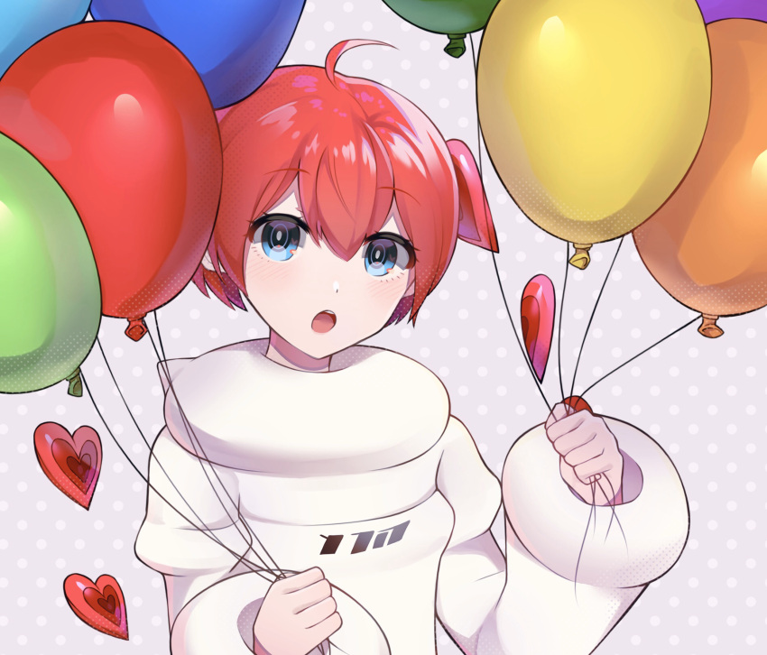 1girl ahoge android arms_up balloon bangs blue_eyes blush bright_pupils eyebrows_visible_through_hair grey_background hair_between_eyes hair_intakes hands_up head_tilt heart highres holding holding_balloon hood hood_down hoodie long_sleeves open_mouth persona persona_5 persona_5_scramble:_the_phantom_strikers polka_dot polka_dot_background raimone26 redhead shiny shiny_hair simple_background sophia_(p5s) teeth v_arms white_hoodie white_pupils wide_sleeves