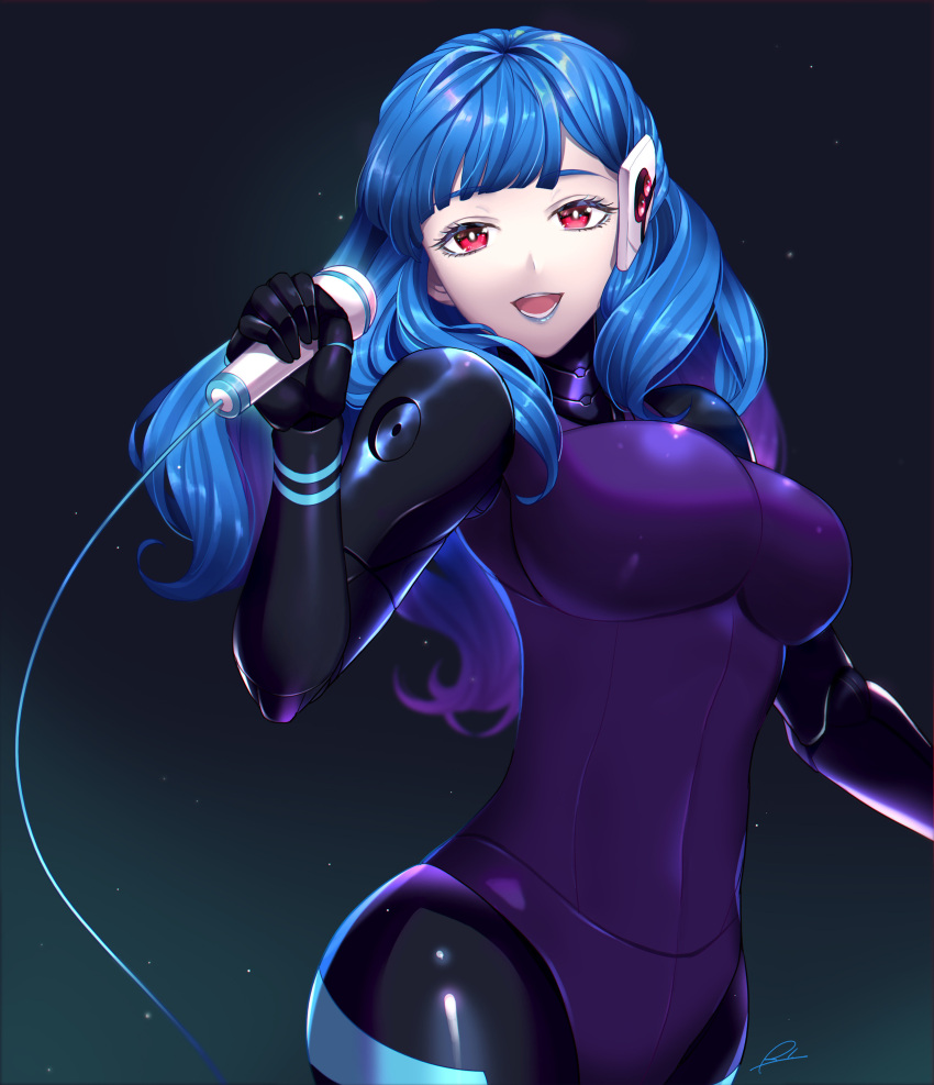 1girl absurdres android black_background blue_hair breasts cowboy_shot highres holding kira_miki large_breasts lipstick long_hair looking_at_viewer makeup mechanical_arms microphone open_mouth red_eyes rinno01 signature smile solo va-11_hall-a