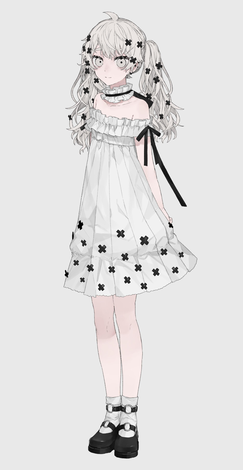 1girl absurdres arms_behind_back bangs bare_shoulders black_footwear black_ribbon dress frilled_dress frills full_body grey_background grey_eyes grey_hair hair_ornament highres long_hair looking_at_viewer original rairyuu ribbon shoes simple_background smile socks solo standing twintails white_dress white_legwear