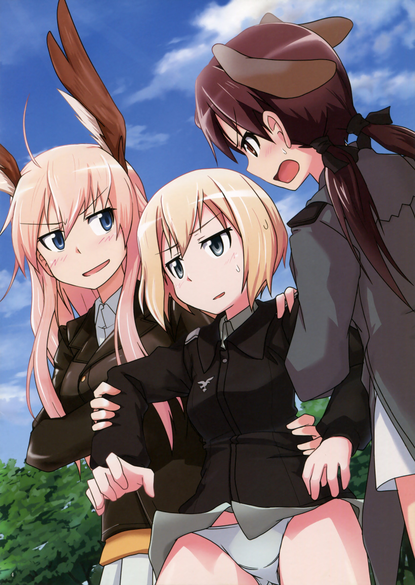 3girls absurdres animal_ears artist_request blonde_hair blue_eyes blush breasts brown_eyes brown_hair dog_ears erica_hartmann eyebrows_visible_through_hair gertrud_barkhorn hair_ornament hair_ribbon hanna-justina_marseille highres medium_breasts military military_uniform multiple_girls official_art open_mouth outdoors panties ribbon short_hair skirt sky small_breasts strike_witches sweat twintails underwear uniform white_panties white_skirt wing_ears world_witches_series