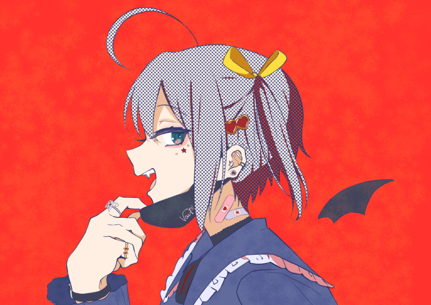 1girl :d absurdres ahoge bandaid bandaid_on_neck bangs black_eyes blue_eyes bracelet choker chuunibyou_demo_koi_ga_shitai! commentary_request detached_wings ear_piercing earrings fangs frills from_side grin hair_ornament hair_ribbon halftone hand_up heart heart_hair_ornament highres jewelry long_sleeves looking_at_viewer mask mask_pull mini_wings mouth_mask open_mouth piercing profile red_background ribbon ring school_uniform shikkoku_no_hono_mikado short_hair smile solo takanashi_rikka teeth upper_body wings yellow_ribbon