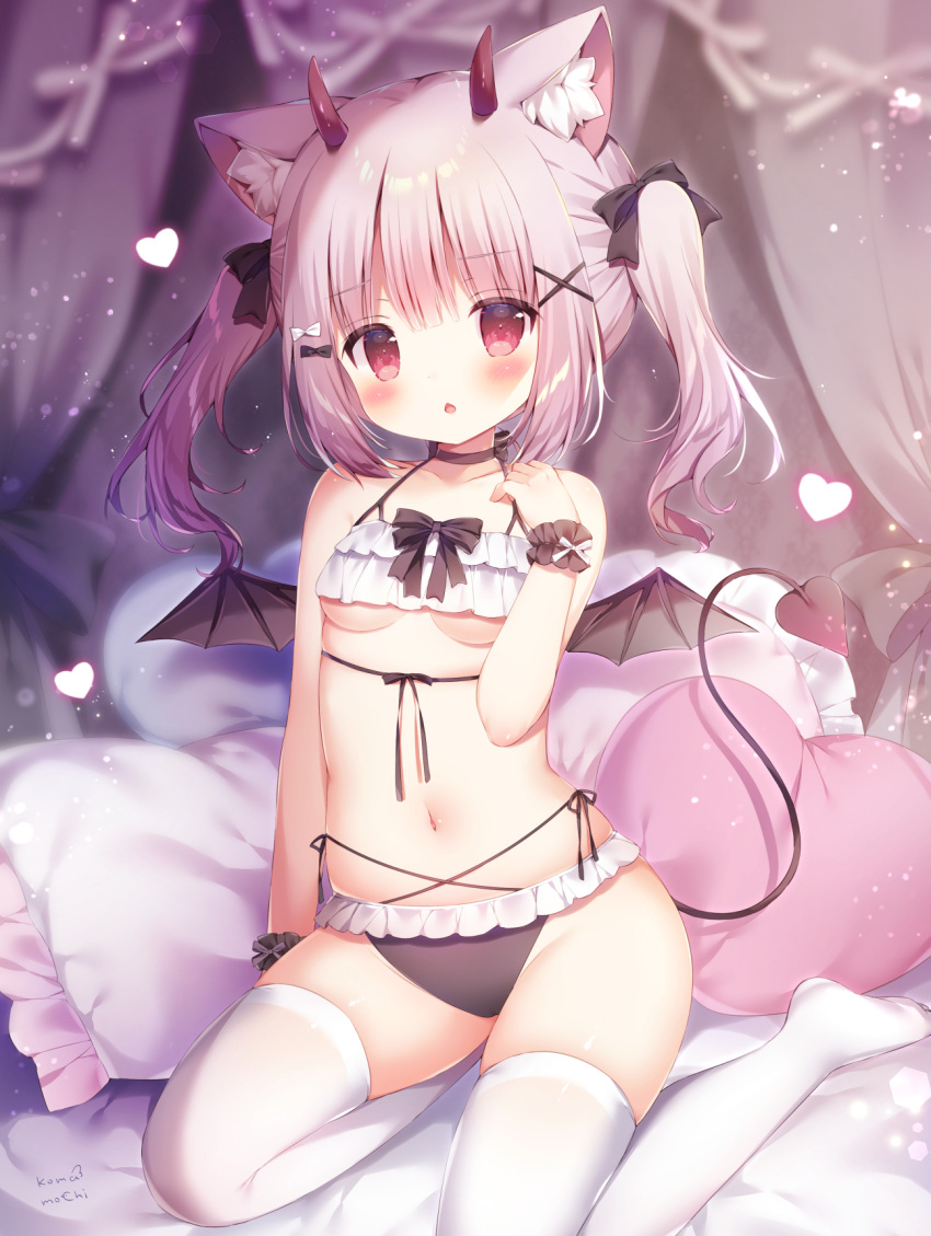 1girl animal_ear_fluff animal_ears bandeau bangs bare_shoulders black_bow black_panties blurry blurry_background blush bow bra breasts cat_ears chestnut_mouth commentary_request demon_girl demon_horns demon_tail demon_wings eyebrows_visible_through_hair frilled_panties frills full_body hair_bow hair_ornament halter_top halterneck hand_up heart highres horns looking_at_viewer medium_hair momozu_komamochi navel no_shoes on_bed original panties pillow pink_hair red_eyes sidelocks signature sitting small_breasts solo stomach tail thigh-highs thighs twintails under_boob underwear underwear_only white_bow white_bra white_legwear wings wrist_cuffs x_hair_ornament